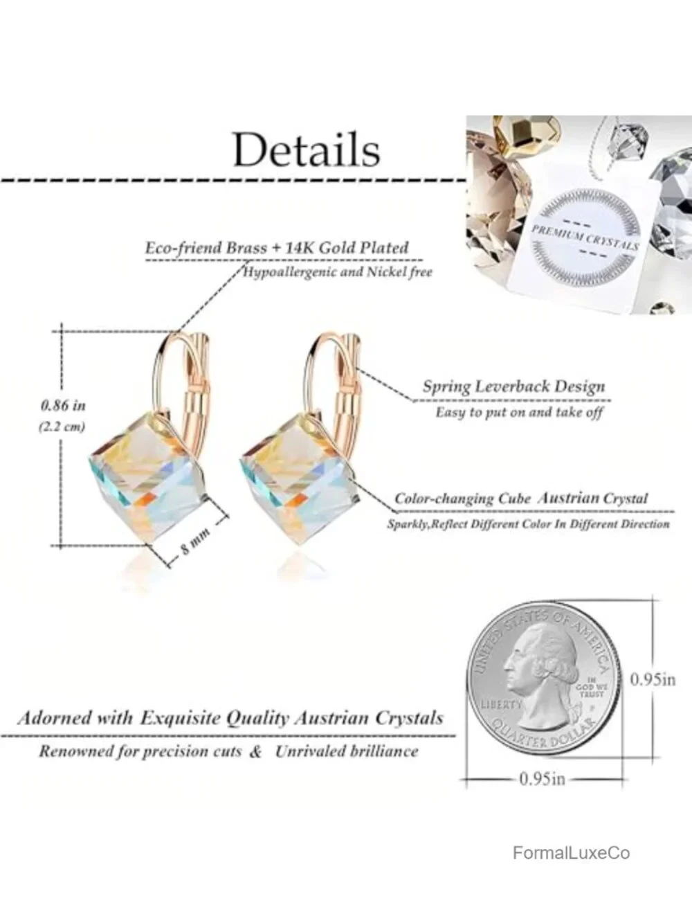 Austrian Crystal Cube Drop Leverback Earrings 14K Rose Gold Plated